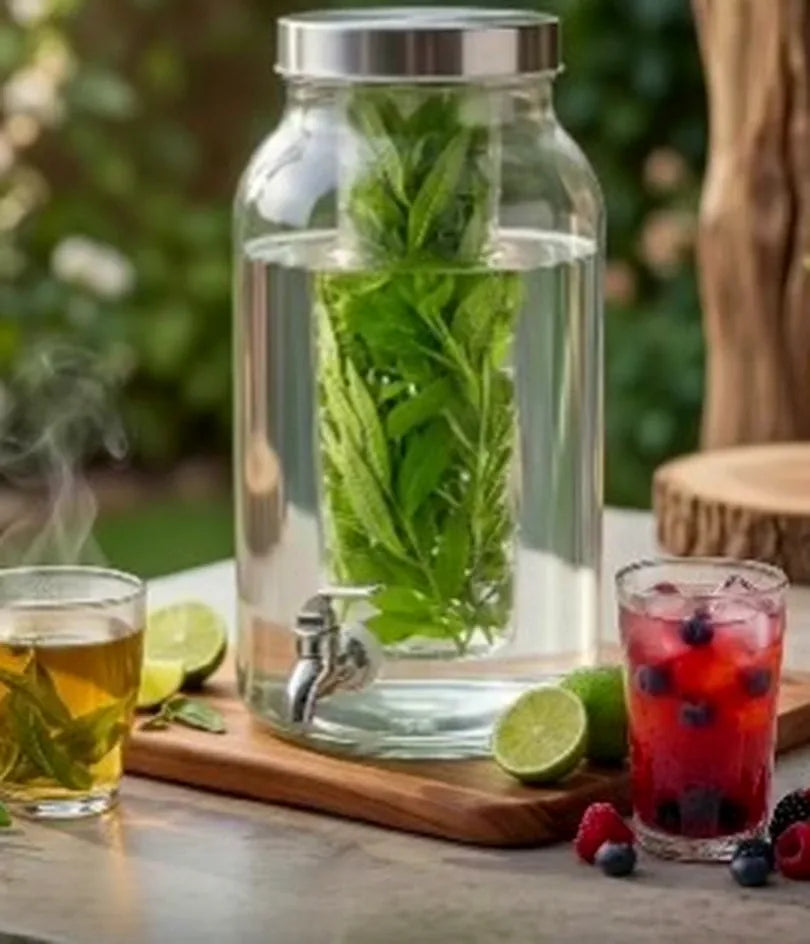Glass dispenser filled with mint water on a garden table