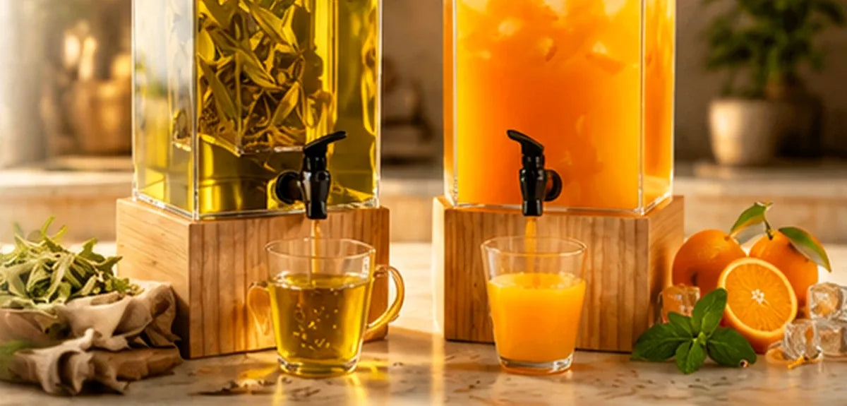 Two drink dispensers on separate wooden bases, holding a herb-infused drink and lemonade