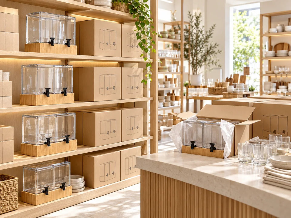 Mise en scène de rayonnages de boutique avec distributeurs et stock emballé