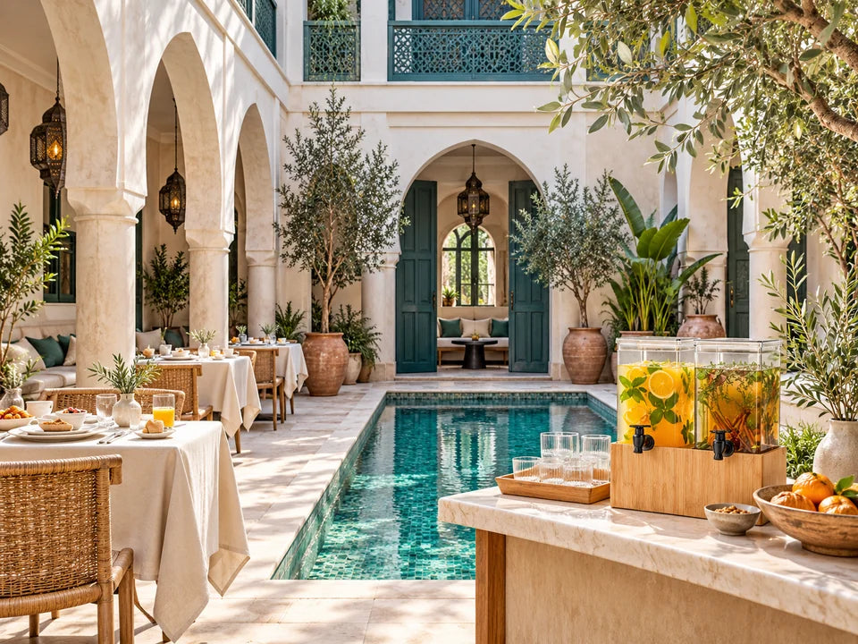 Mise en scène d’une cour de riad avec tables de petit-déjeuner et station de boissons